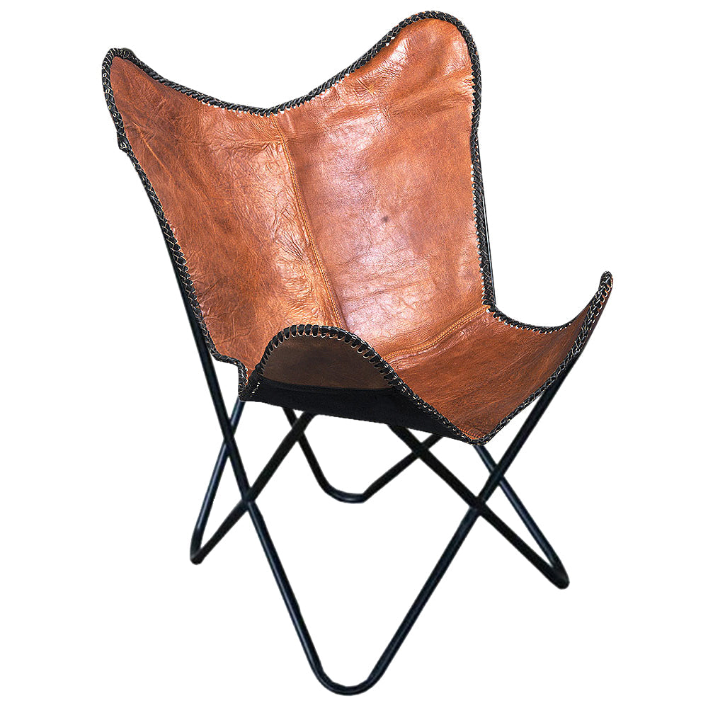 Genuine Leather Butterfly Chair Folding Lounge Modern Sling Accent Seat