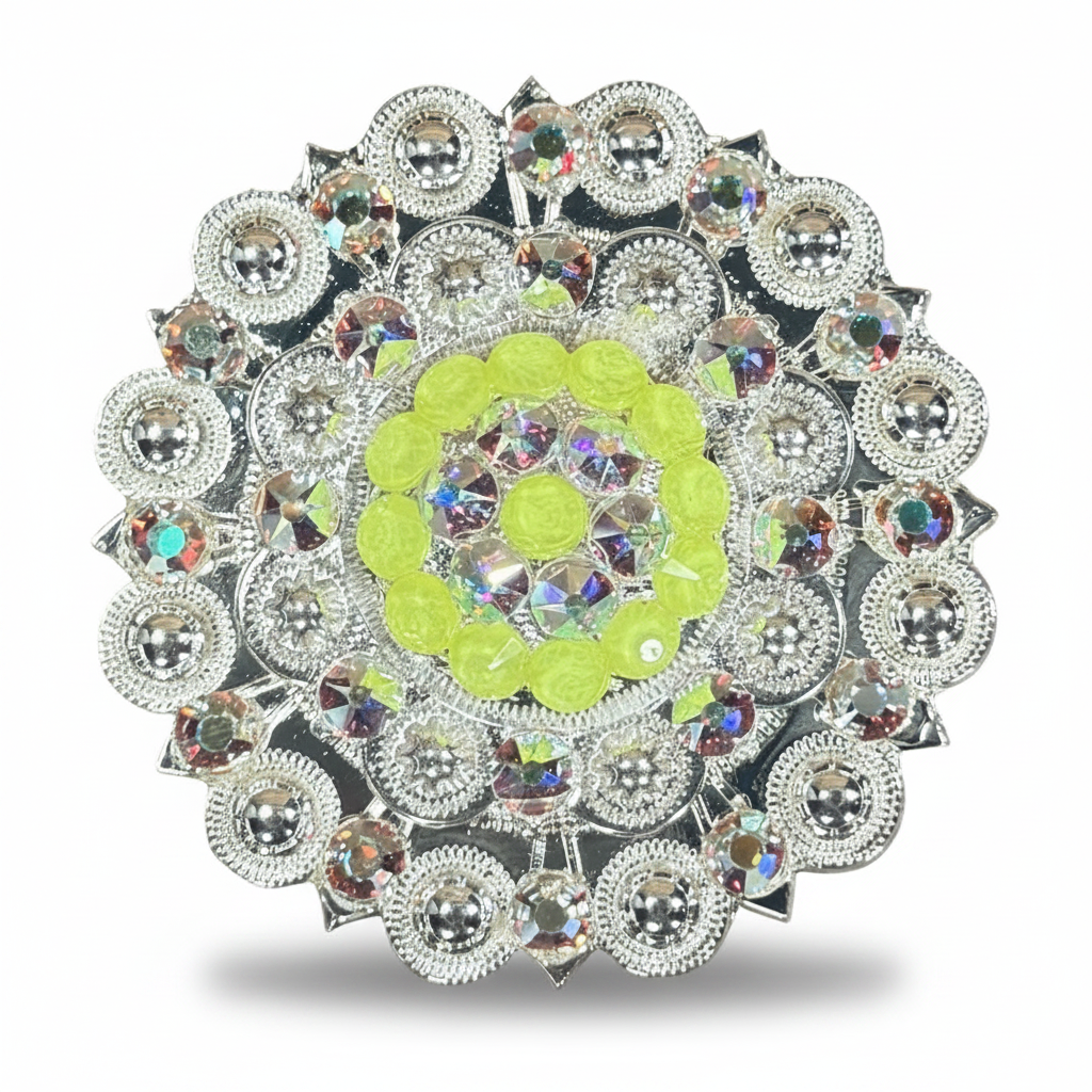 Bright Silver Neon Yellow - AB Crystal Conchos| Sizes 1"- 3" | Buckles | Saddle Set | Leather Rosettes | Slide — view 5