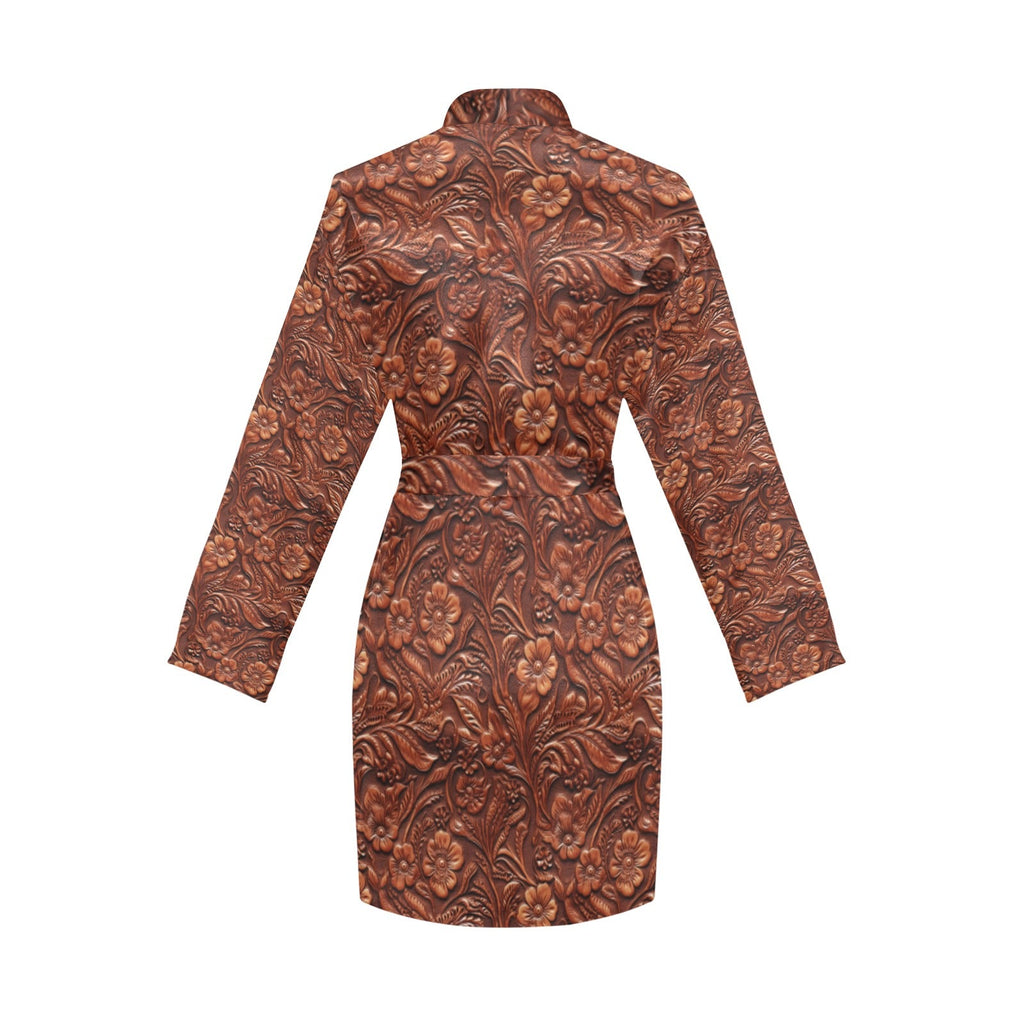 Baha Ranch Tooled Leather Print Women's Long Sleeve Belted Satin Feel Dressing Lounge Robe by Baha Ranch Western Wear -...