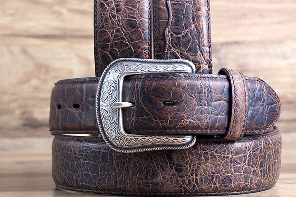 M&F Western Rustic Brown Elephant Print Leather Belt 1.5" Engraved Silver Buckle