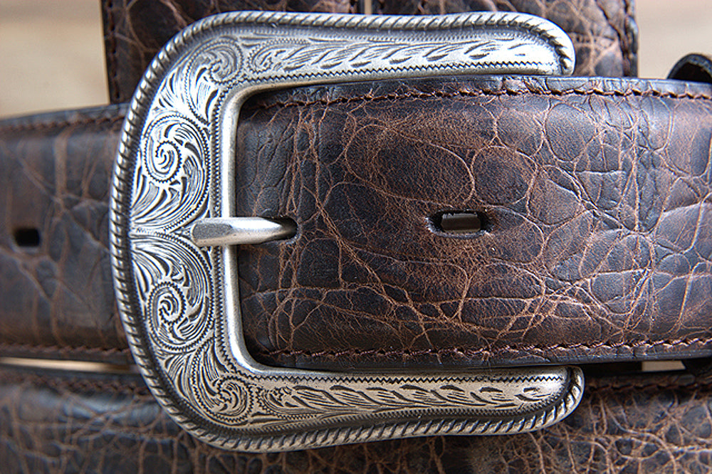 M&F Western Rustic Brown Elephant Print Leather Belt 1.5" Engraved Silver Buckle