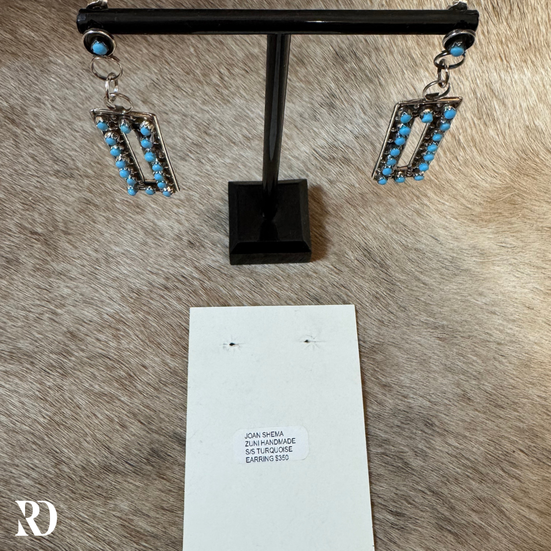 Handmade Zuni Turquoise Rectangle Earrings By Joan Shema — view 4