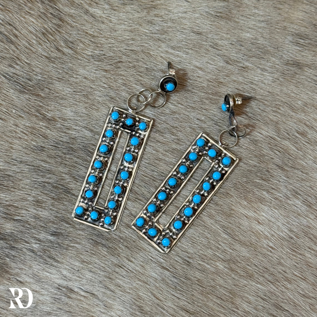 Handmade Zuni Turquoise Rectangle Earrings By Joan Shema — view 2
