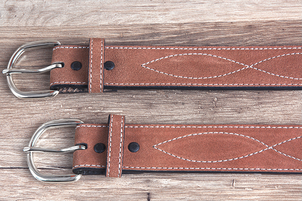 30" G Bar D 1.5" Suede Leather Mens Cowboy Stitched Belt W/ Harness Buckle Rust