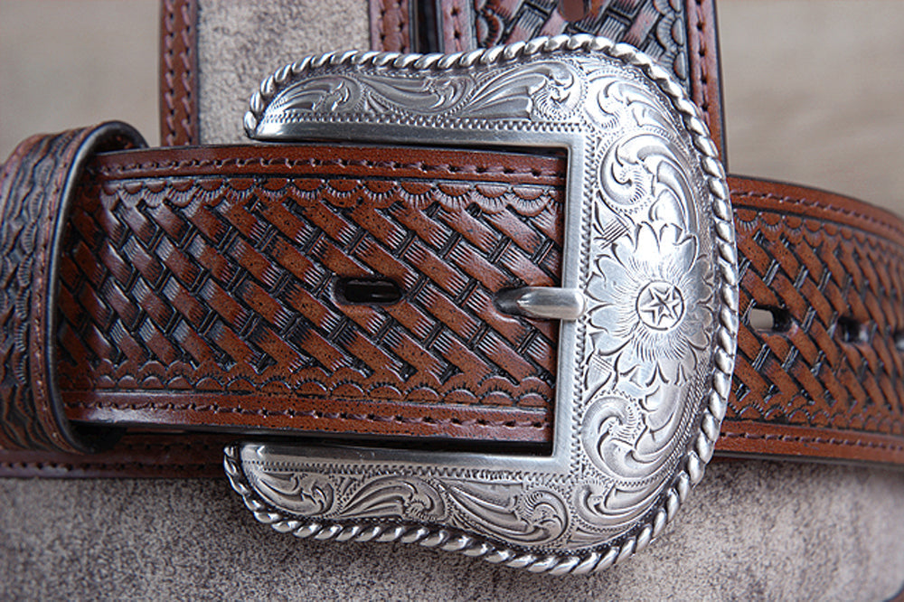 Roper Western 1.5" Dude Taupe Leather Basketweave Ends Mens Cowboy Belt