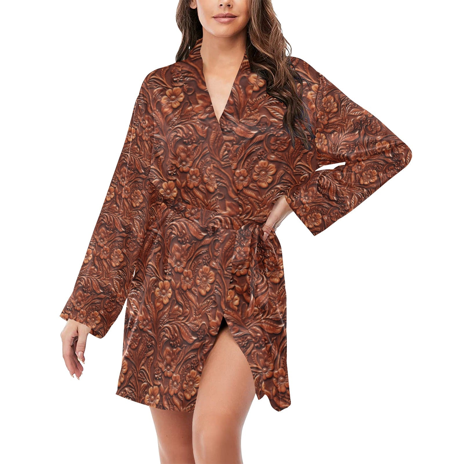 Baha Ranch Tooled Leather Print Women's Long Sleeve Belted Satin Feel Dressing Lounge Robe by Baha Ranch Western Wear