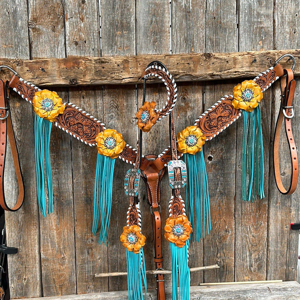 Yellow and Turquoise Browband/One Ear Headstall & Breastcollar Tack Set #OEBC411 — view 2