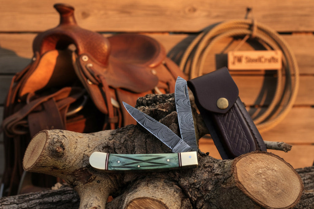 Damascus Trapper Pocket Knife – Two Blade Folding Knife with Green Bone Handle