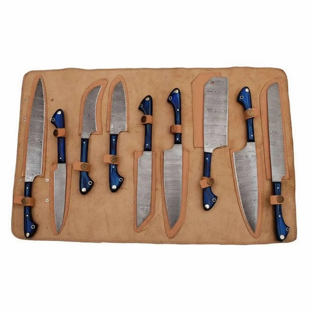 9-Piece Damascus Kitchen Knife Set with Leather Roll and Blue Pakka Wood Handles