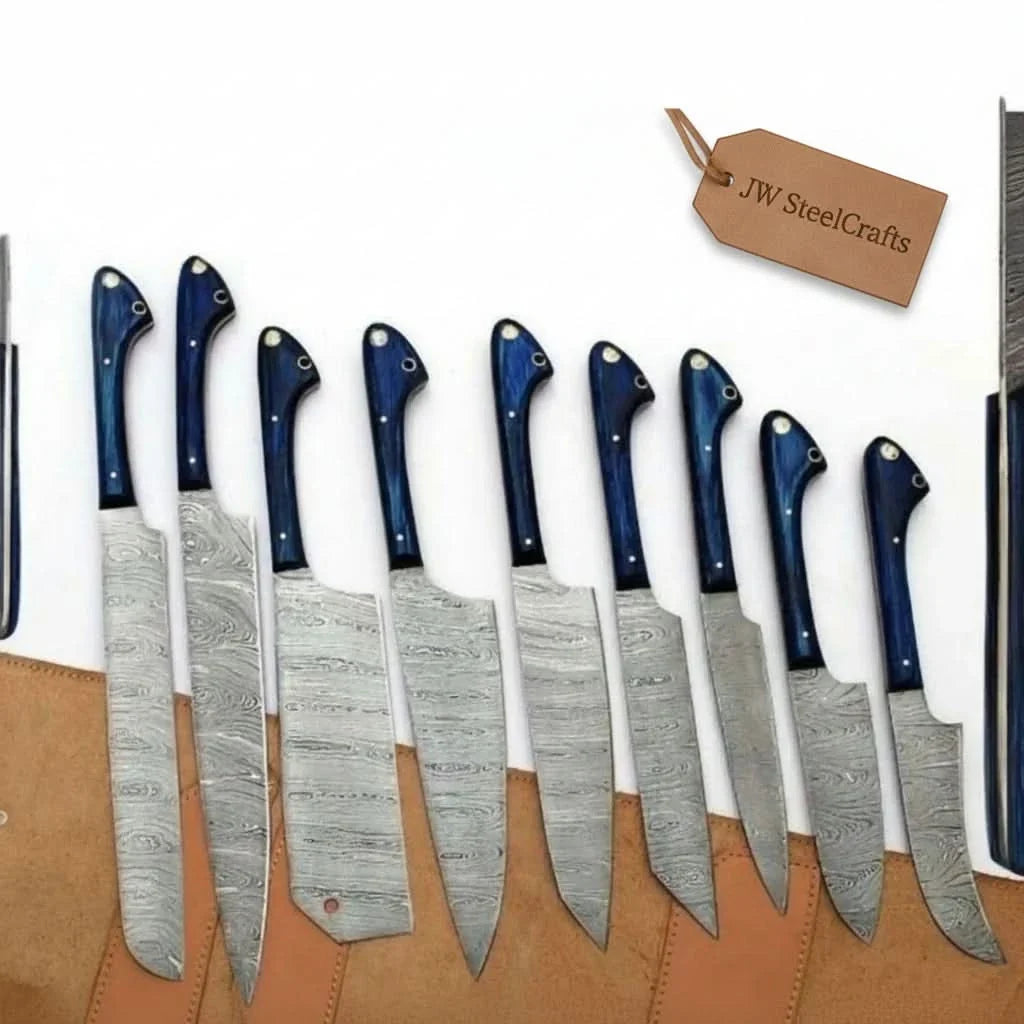 9-Piece Damascus Kitchen Knife Set with Leather Roll and Blue Pakka Wood Handles