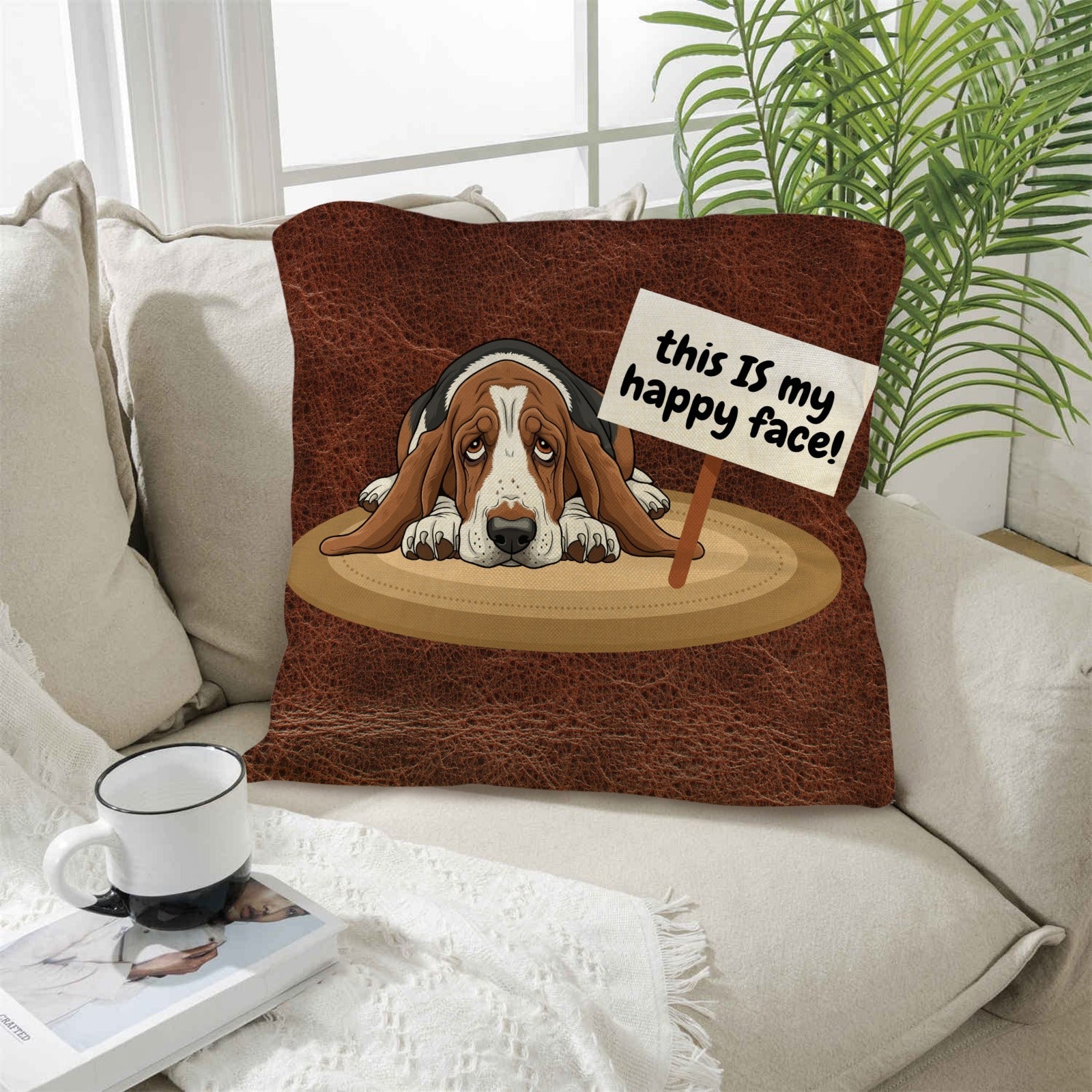 Baha Ranch Basset Hound This is My Happy Face Throw Pillow Case Made in America by Baha Ranch Western Wear