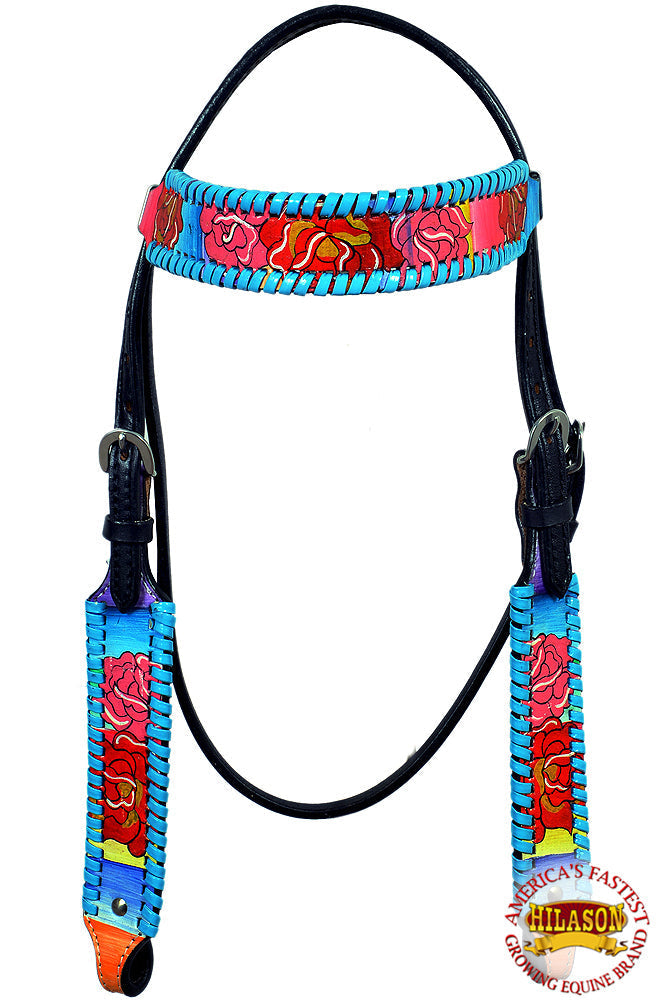 Hilason Western Horse Headstall Bridle American Leather Hand Painted Rose