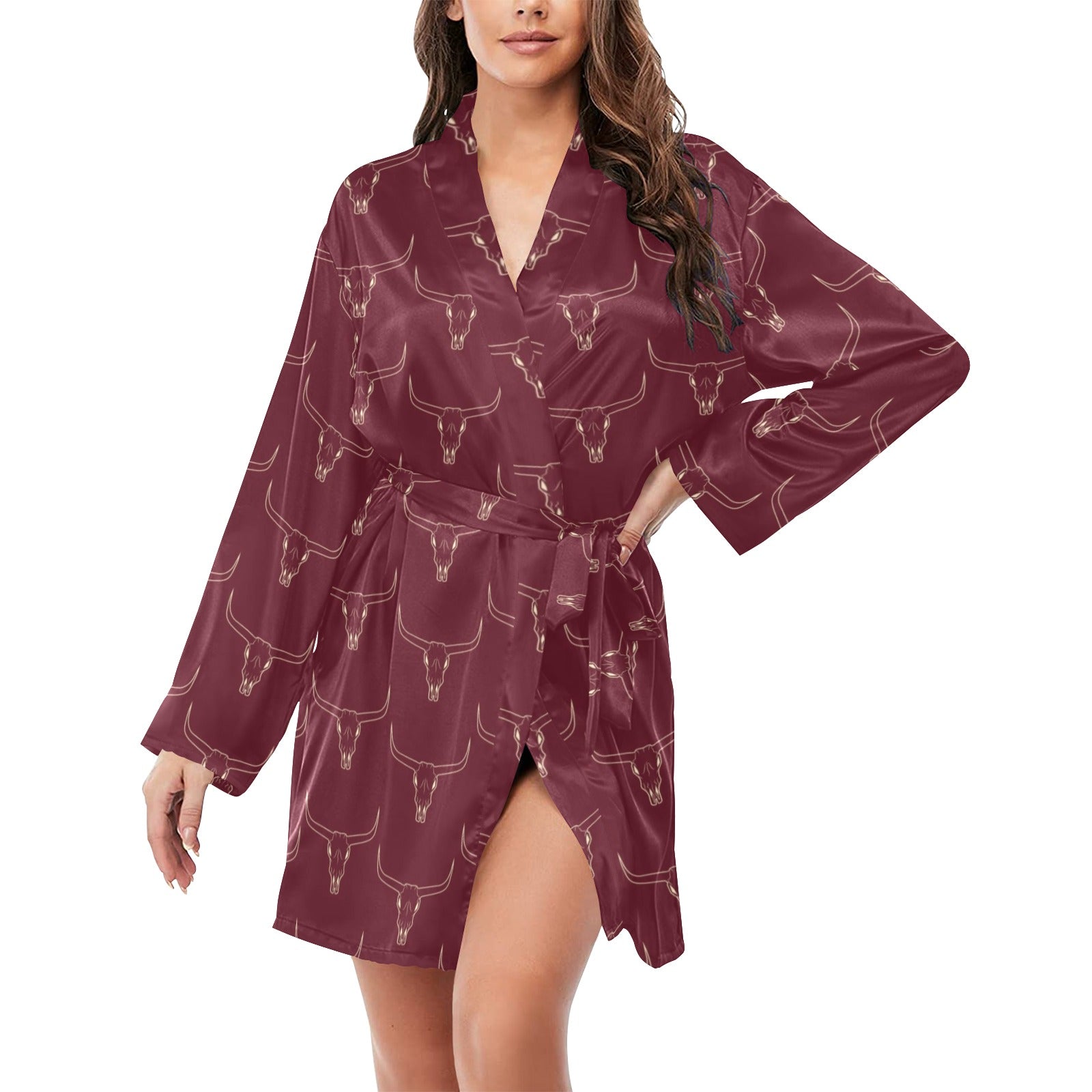 Baha Ranch Burgandy Longhorn Women's Belted Satin Feel Dressing Lounge Robe by Baha Ranch Western Wear