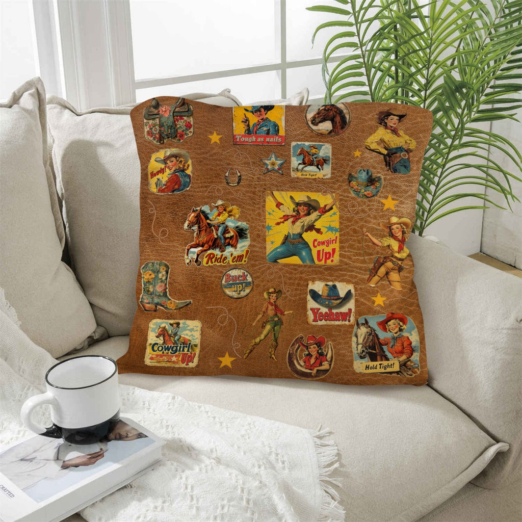 Baha Ranch Vintage Cowgirl Collage Square Pillow Case 18x18 Made in America by Baha Ranch Western Wear