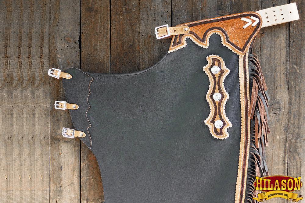 Hilason Western Bull Riding Leather Chinks, Black with Brown Trim