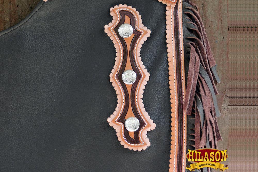 Hilason Western Bull Riding Leather Chinks, Black with Brown Trim