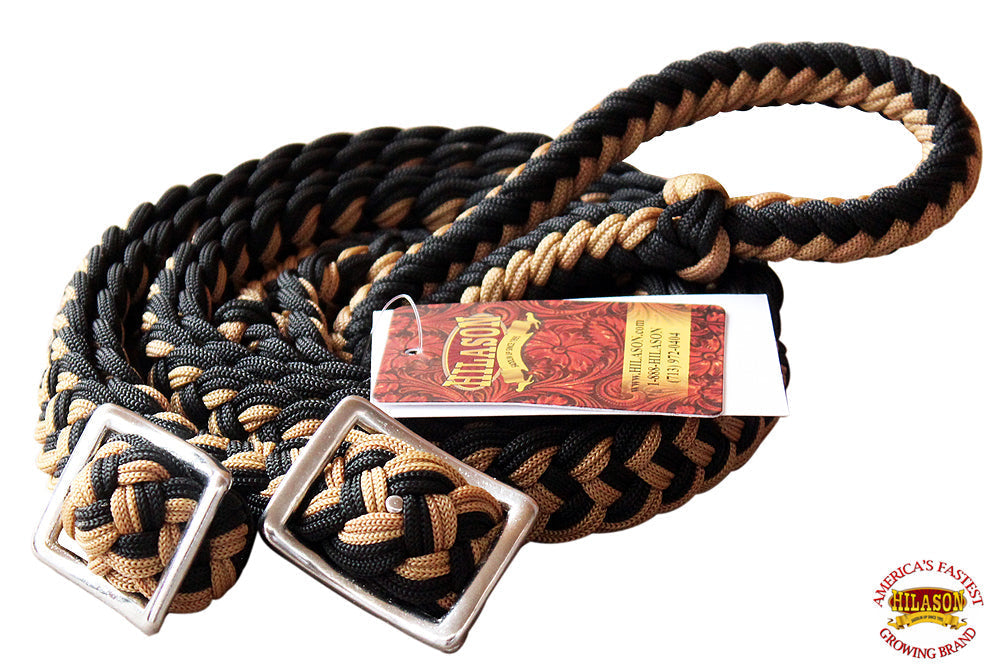 Hilason Braided Poly Barrel Racing Reins, Flat Grip Knots — 1" x 8 ft