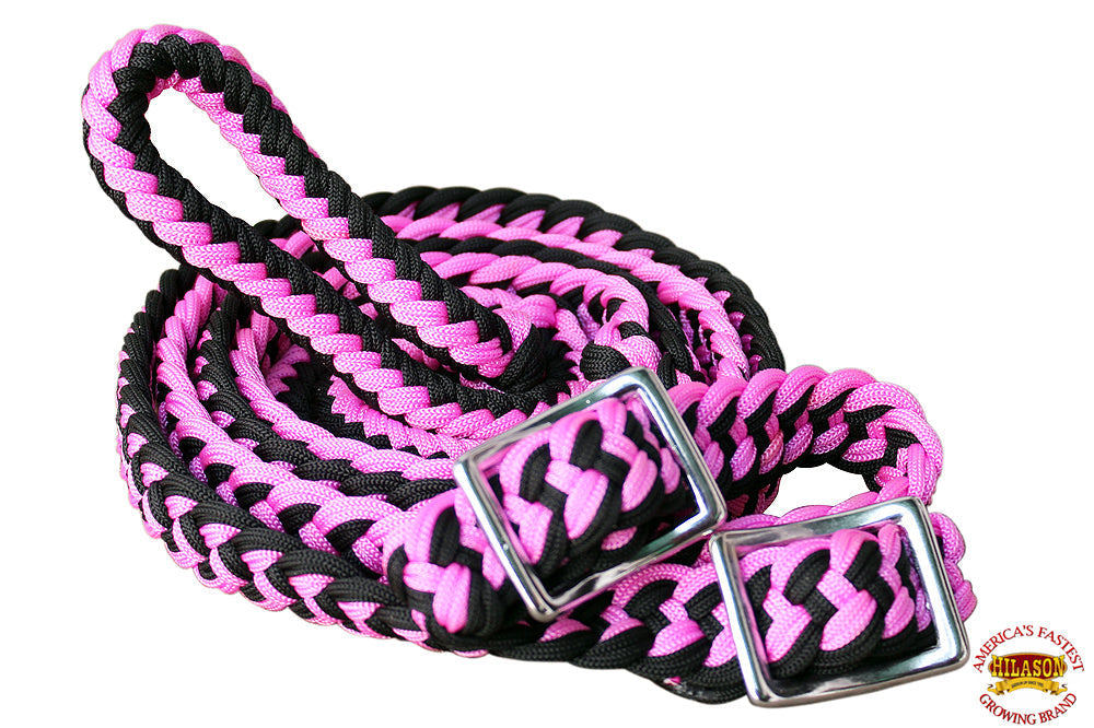 Hilason Braided Poly Barrel Racing Reins, Flat Grip Knots — 1" x 8 ft