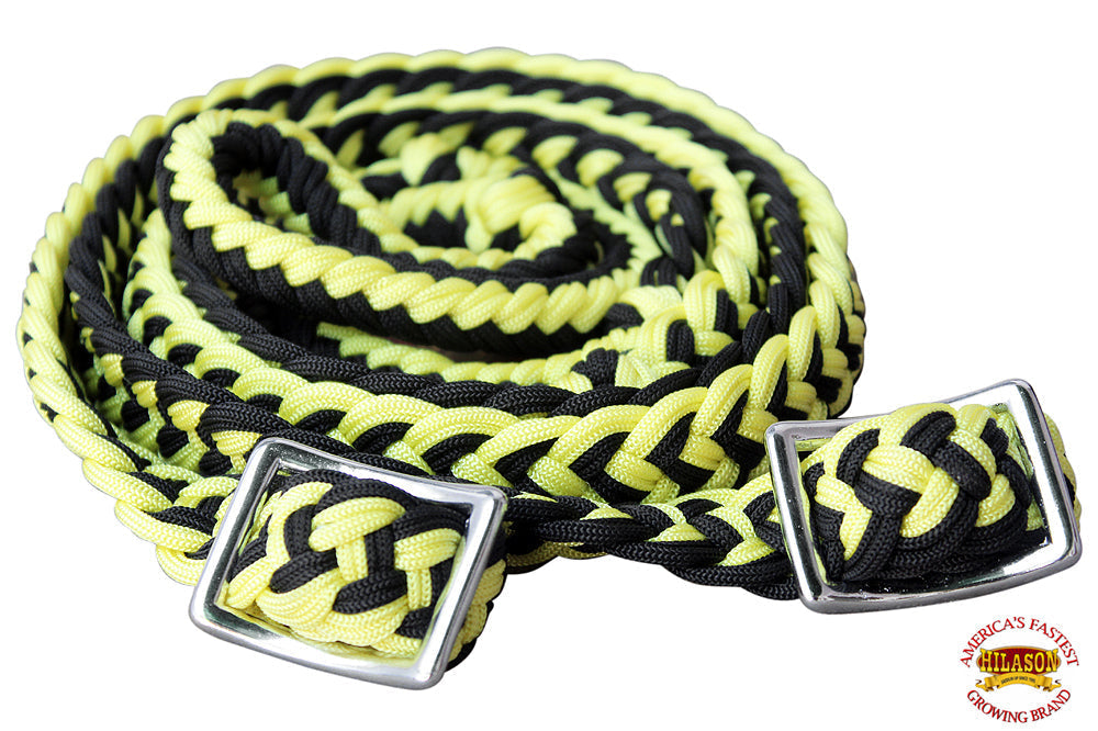 Hilason Braided Poly Barrel Racing Reins, Flat Grip Knots — 1" x 8 ft