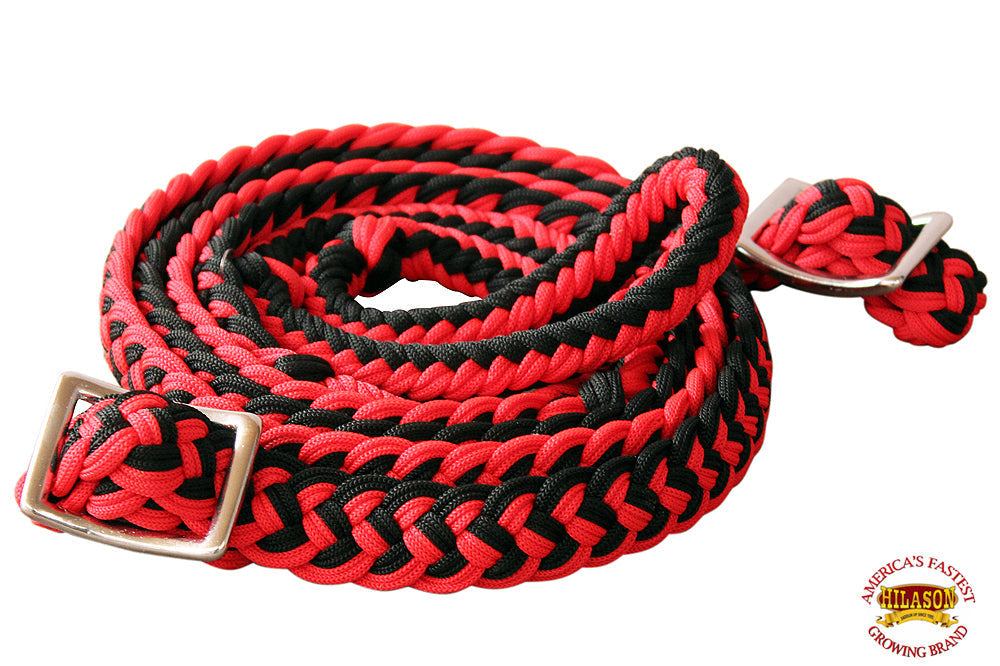 Hilason Braided Poly Barrel Racing Reins, Flat Grip Knots — 1" x 8 ft