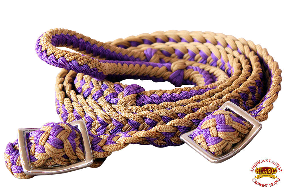 Hilason Braided Poly Barrel Racing Reins, Flat Grip Knots — 1" x 8 ft