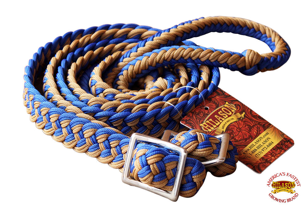 Hilason Braided Poly Barrel Racing Reins, Flat Grip Knots — 1" x 8 ft