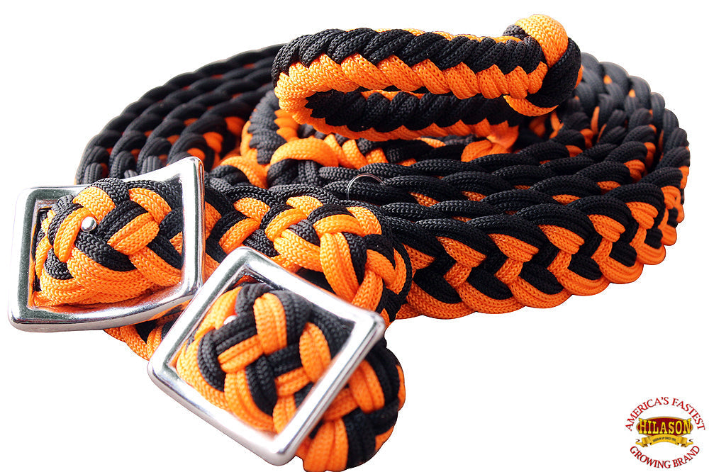 Hilason Braided Poly Barrel Racing Reins, Flat Grip Knots — 1" x 8 ft