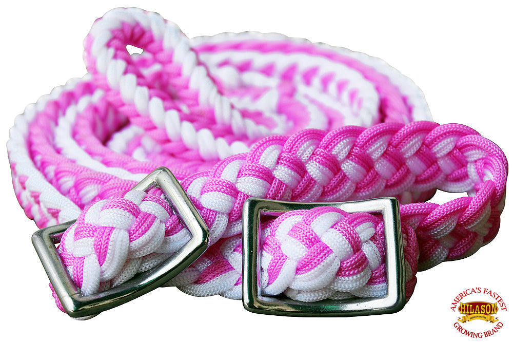 Hilason Braided Poly Barrel Racing Reins, Flat Grip Knots — 1" x 8 ft