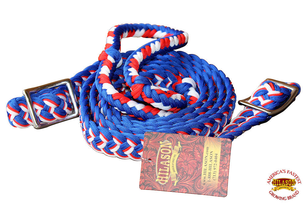 Hilason Braided Poly Barrel Racing Reins, Flat Grip Knots — 1" x 8 ft