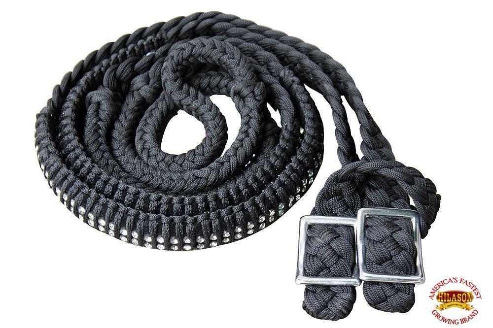 Hilason Braided Poly Barrel Reins, Flat Grip Knots with Crystal — 1" x 8 ft