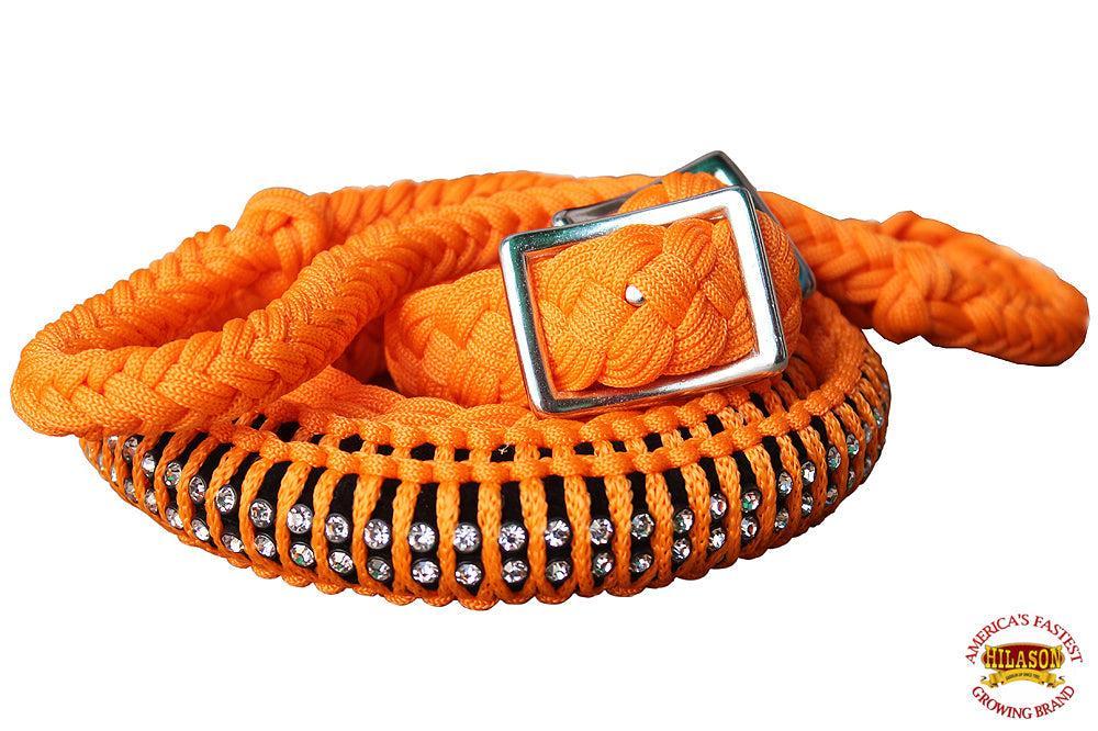 Hilason Braided Poly Barrel Reins, Flat Grip Knots with Crystal — 1" x 8 ft