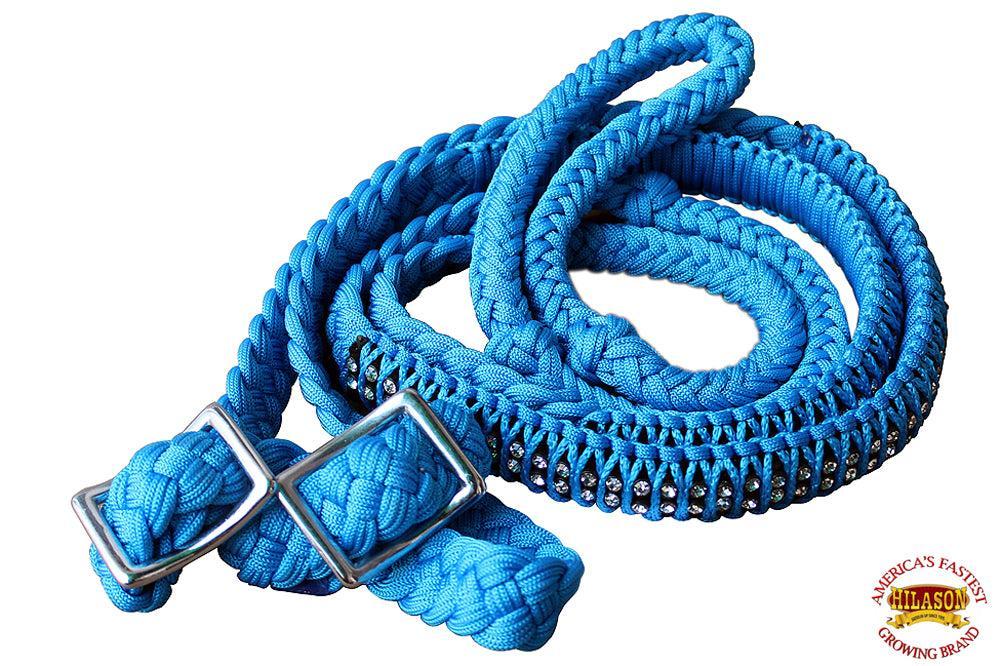 Hilason Braided Poly Barrel Reins, Flat Grip Knots with Crystal — 1" x 8 ft