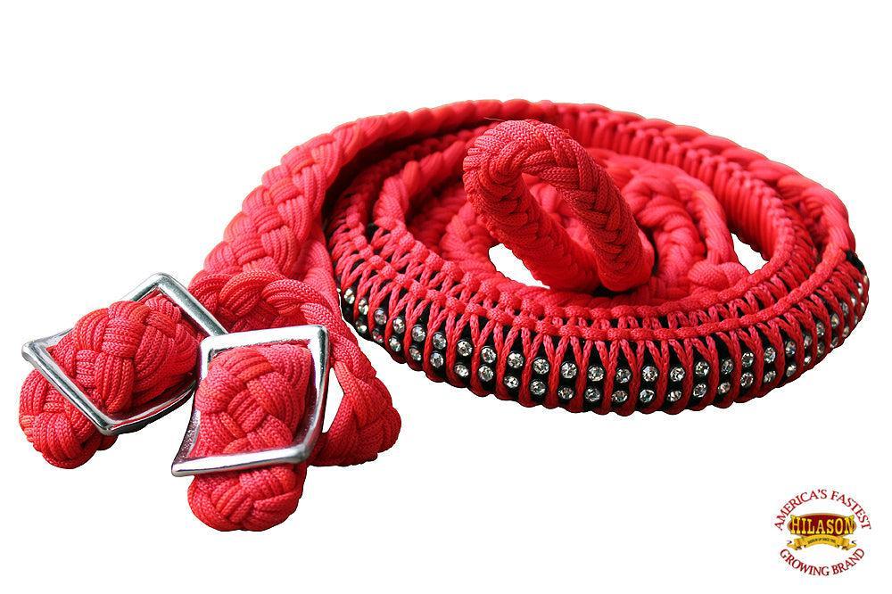 Hilason Braided Poly Barrel Reins, Flat Grip Knots with Crystal — 1" x 8 ft