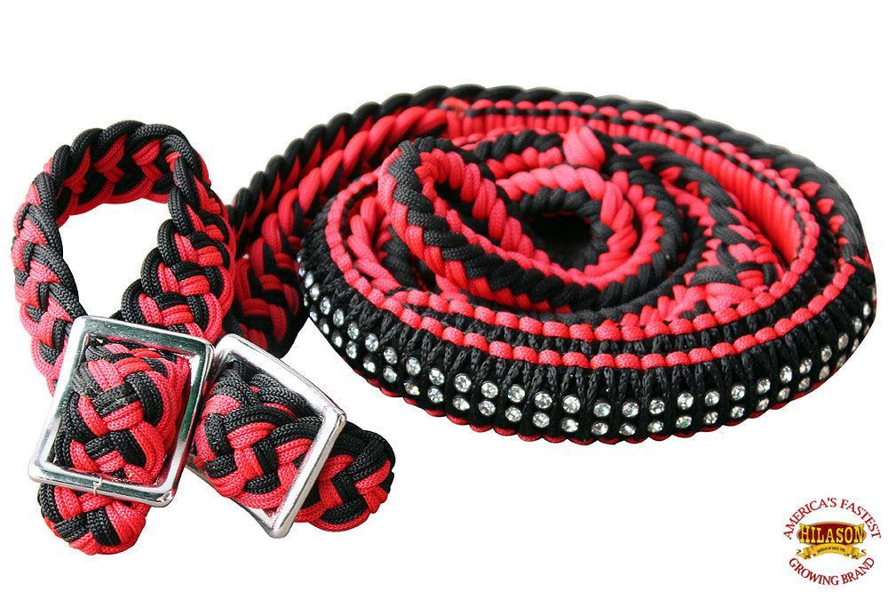 Hilason Braided Poly Barrel Reins, Flat Grip Knots with Crystal — 1" x 8 ft