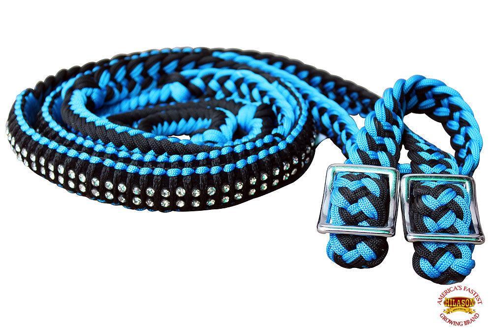 Hilason Braided Poly Barrel Reins, Flat Grip Knots with Crystal — 1" x 8 ft
