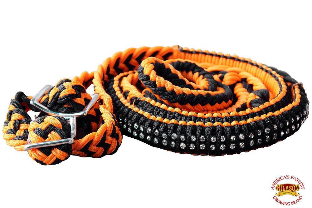 Hilason Braided Poly Barrel Reins, Flat Grip Knots with Crystal — 1" x 8 ft
