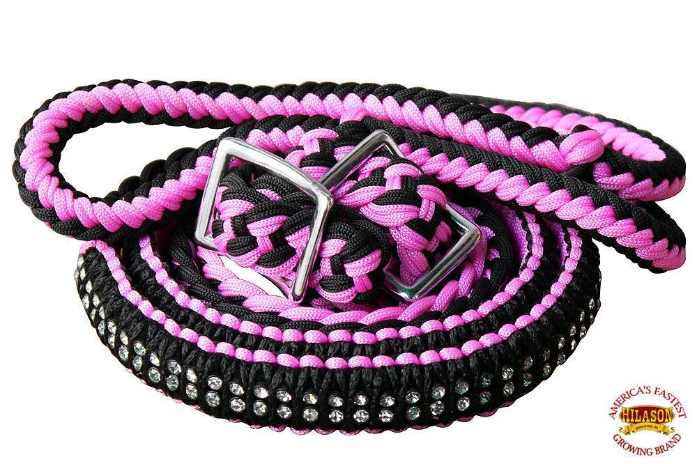 Hilason Braided Poly Barrel Reins, Flat Grip Knots with Crystal — 1" x 8 ft