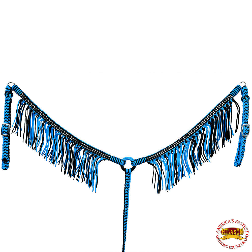 Black Horse Breast Collar Flat Braided Paracord Crystal Fringes Hilason