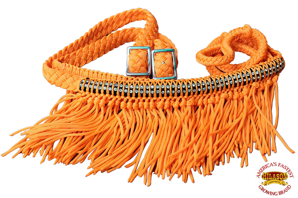 Hilason Braided Barrel Racing Reins with Crystal Fringe — 1" x 8 ft