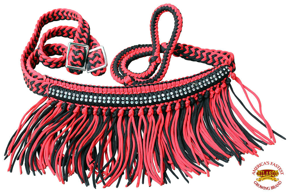 Hilason Braided Barrel Racing Reins with Crystal Fringe — 1" x 8 ft