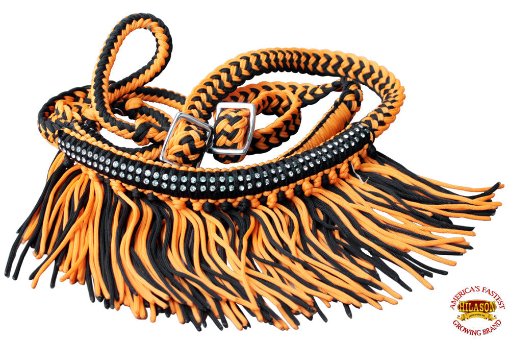 Hilason Braided Barrel Racing Reins with Crystal Fringe — 1" x 8 ft