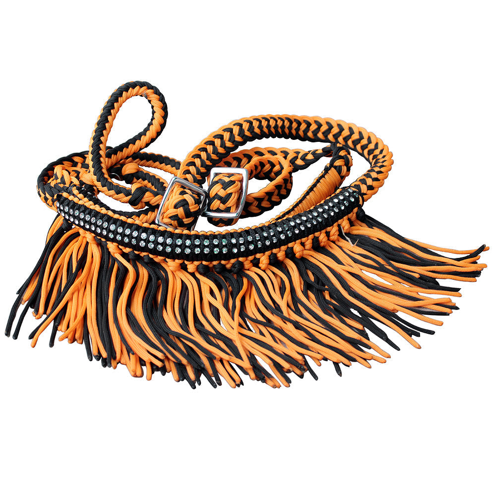 Hilason Braided Barrel Racing Reins with Crystal Fringe — 1" x 8 ft