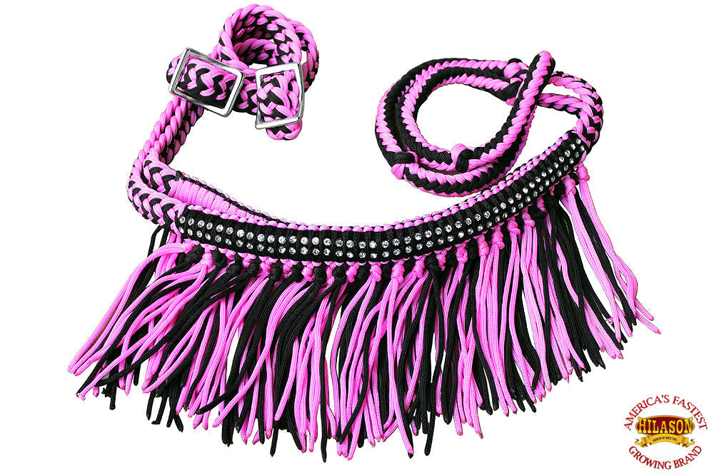 Hilason Braided Barrel Racing Reins with Crystal Fringe — 1" x 8 ft