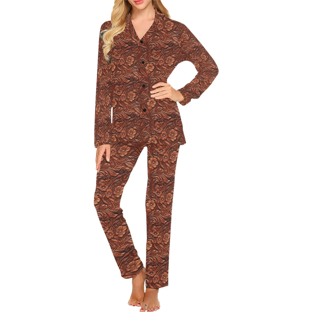 Baha Ranch Leather Floral Print Women's Long Pajama Set by Baha Ranch Western Wear