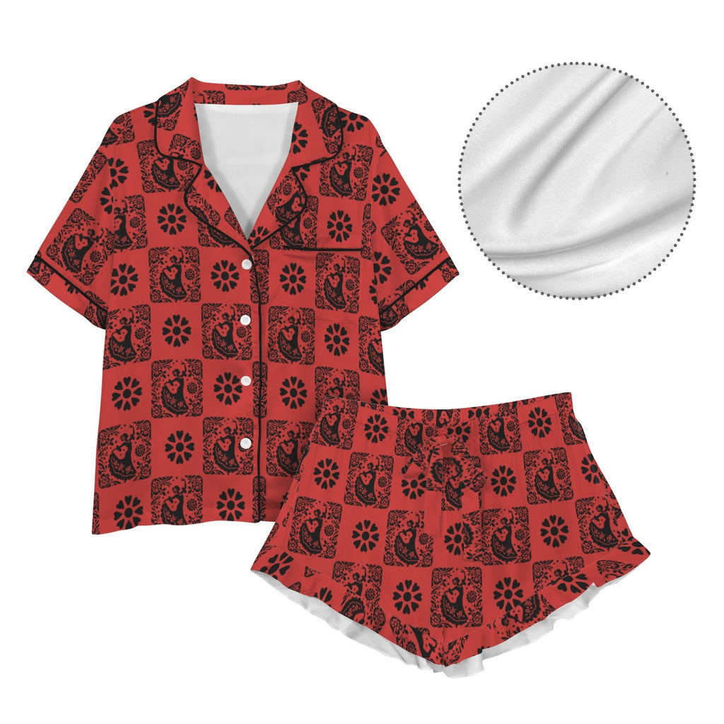 Baha Ranch Colores de Mexico Red Flamenco Mexican Tile Talavera Floral Satin Pajamas by Baha Ranch Western Wear - product...