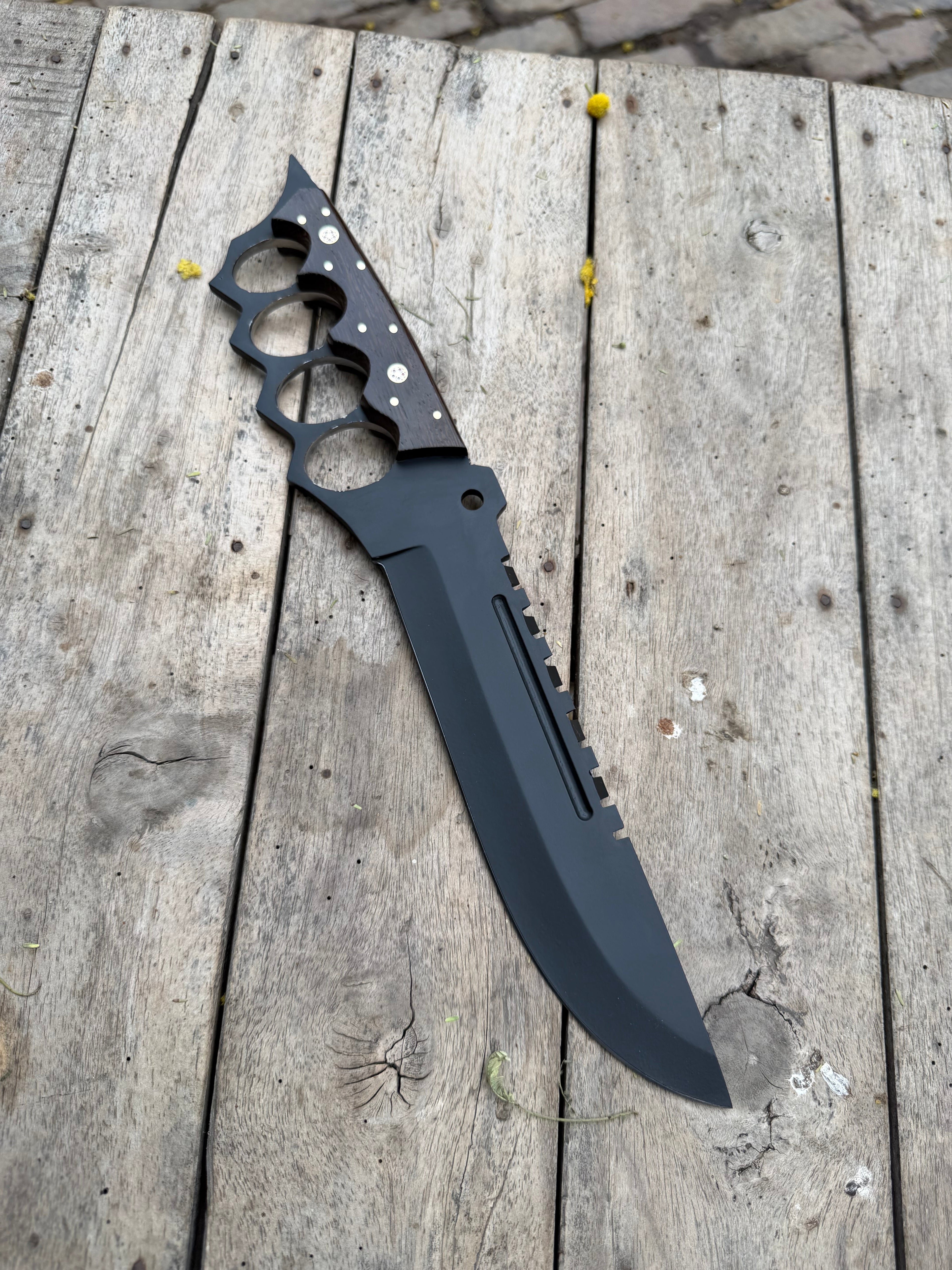 Knuckle Handle Tactical Knife Acid Etched Drop Point Fixed Blade