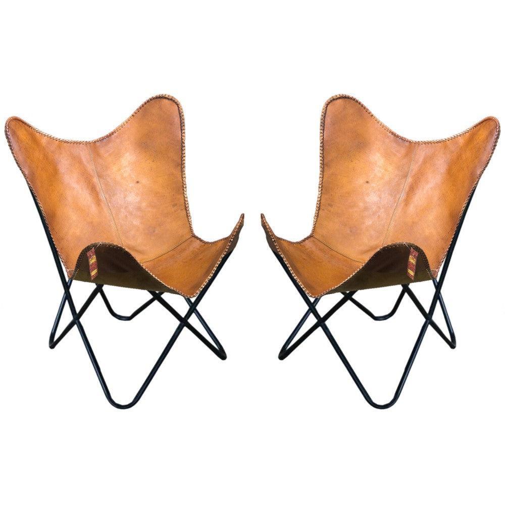 Pair Genuine Leather Butterfly Chair Folding Modern Sling Accent Seat