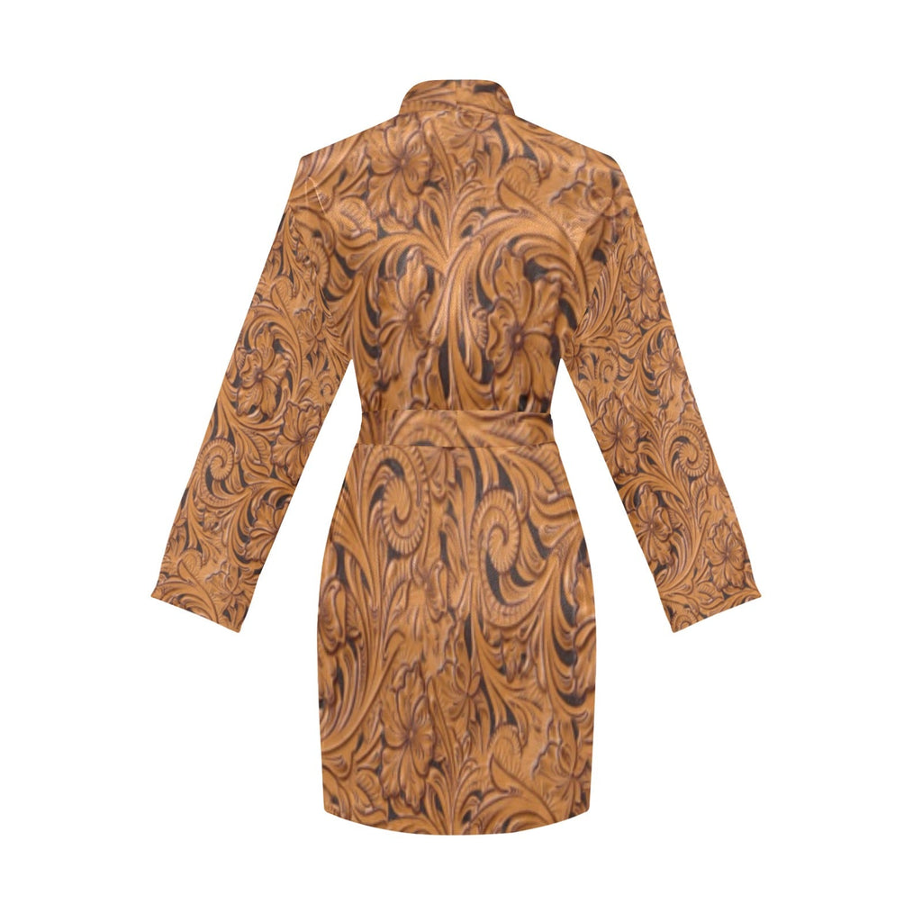 Baha Ranch Tooled Leather Print Bronc Women's Long Sleeve Belted Satin Feel Dressing Lounge Robe by Baha Ranch Western...