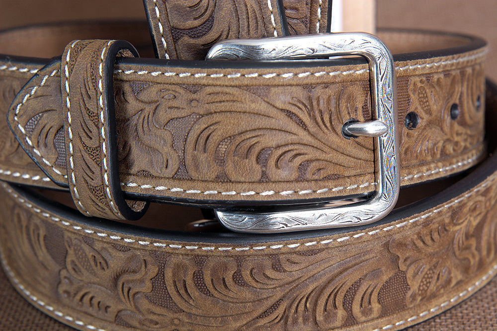 Nocona Leather Mens Belt Embossed Floral Tooled Engraved Buckle