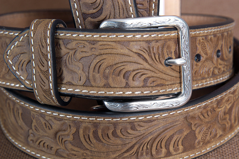 Nocona Leather Mens Belt Embossed Floral Tooled Engraved Buckle